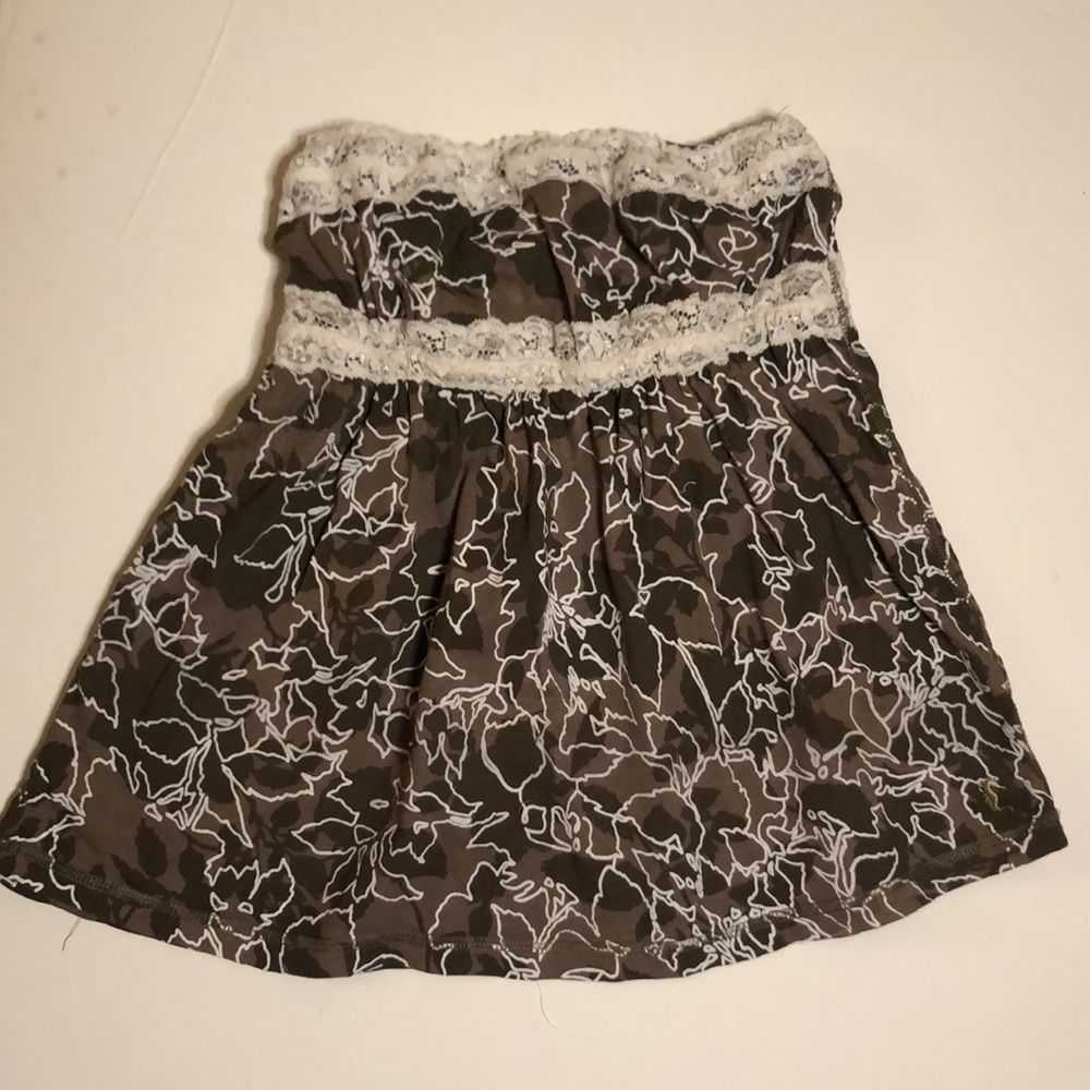 Brown and white floral pattern strapless top